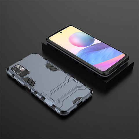 Coque Contour Silicone et Plastique Housse Etui Mat avec Support pour Xiaomi Redmi Note 10 5G Bleu