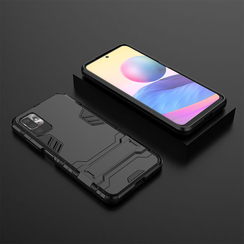 Coque Contour Silicone et Plastique Housse Etui Mat avec Support pour Xiaomi Redmi Note 10 5G Noir