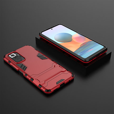 Coque Contour Silicone et Plastique Housse Etui Mat avec Support pour Xiaomi Redmi Note 10 Pro 4G Rouge