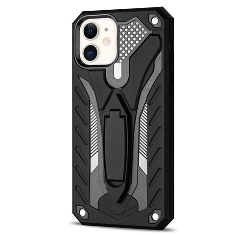 Coque Contour Silicone et Plastique Housse Etui Mat avec Support R01 pour Apple iPhone 12 Mini Noir