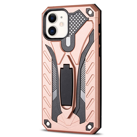 Coque Contour Silicone et Plastique Housse Etui Mat avec Support R01 pour Apple iPhone 12 Mini Or Rose