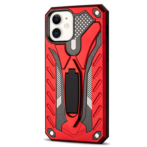 Coque Contour Silicone et Plastique Housse Etui Mat avec Support R01 pour Apple iPhone 12 Rouge