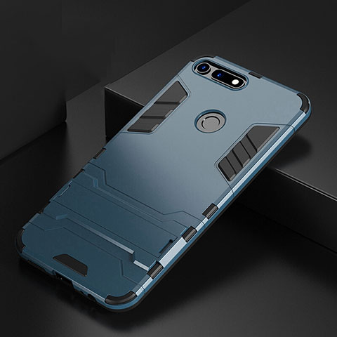 Coque Contour Silicone et Plastique Housse Etui Mat avec Support R01 pour Huawei Honor V20 Bleu