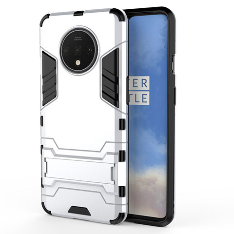 Coque Contour Silicone et Plastique Housse Etui Mat avec Support R01 pour OnePlus 7T Blanc