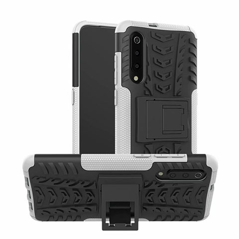 Coque Contour Silicone et Plastique Housse Etui Mat avec Support R01 pour Samsung Galaxy A70 Blanc