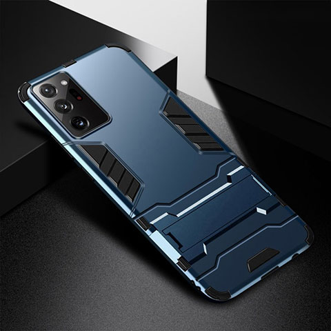 Coque Contour Silicone et Plastique Housse Etui Mat avec Support R01 pour Samsung Galaxy Note 20 Ultra 5G Bleu