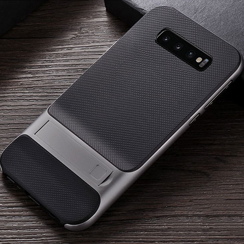 Coque Contour Silicone et Plastique Housse Etui Mat avec Support R01 pour Samsung Galaxy S10 5G Argent