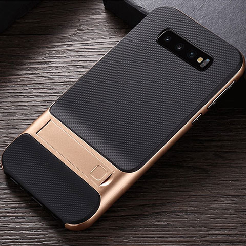 Coque Contour Silicone et Plastique Housse Etui Mat avec Support R01 pour Samsung Galaxy S10 5G Or