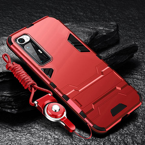 Coque Contour Silicone et Plastique Housse Etui Mat avec Support R01 pour Xiaomi Mi 10S 5G Rouge