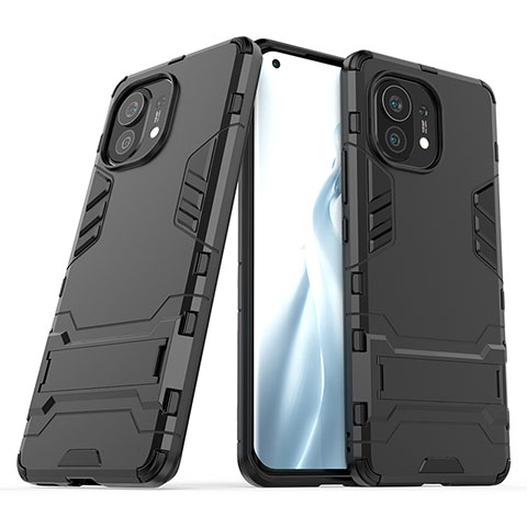 Coque Contour Silicone et Plastique Housse Etui Mat avec Support R01 pour Xiaomi Mi 11 Lite 5G NE Noir