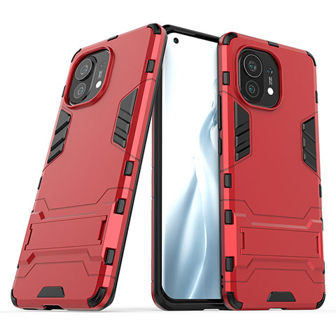 Coque Contour Silicone et Plastique Housse Etui Mat avec Support R01 pour Xiaomi Mi 11 Lite 5G Rouge