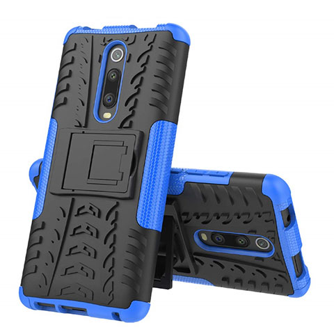 Coque Contour Silicone et Plastique Housse Etui Mat avec Support R01 pour Xiaomi Mi 9T Bleu