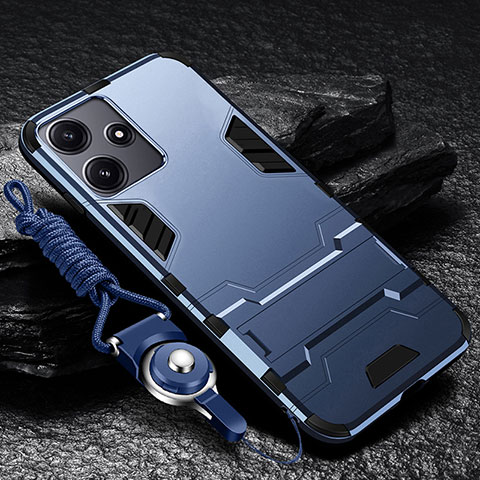 Coque Contour Silicone et Plastique Housse Etui Mat avec Support R01 pour Xiaomi Poco M6 Pro 5G Bleu