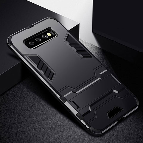 Coque Contour Silicone et Plastique Housse Etui Mat avec Support R02 pour Samsung Galaxy S10 Noir