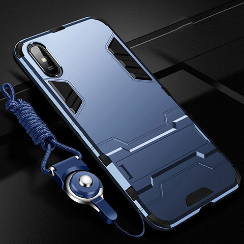 Coque Contour Silicone et Plastique Housse Etui Mat avec Support R02 pour Xiaomi Redmi 9A Bleu