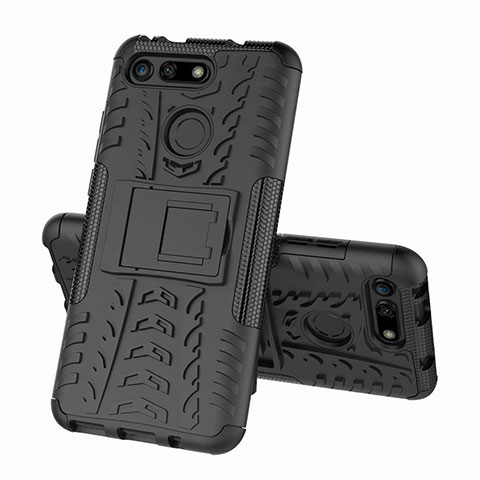 Coque Contour Silicone et Plastique Housse Etui Mat avec Support R03 pour Huawei Honor V20 Noir