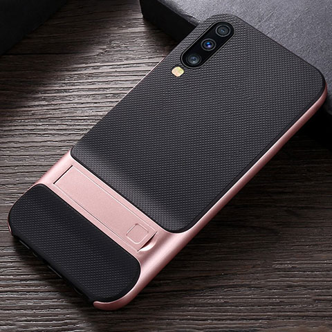 Coque Contour Silicone et Plastique Housse Etui Mat avec Support R03 pour Samsung Galaxy A70 Or Rose