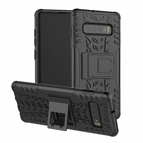 Coque Contour Silicone et Plastique Housse Etui Mat avec Support R03 pour Samsung Galaxy S10 Noir