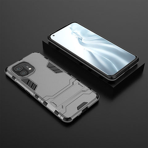 Coque Contour Silicone et Plastique Housse Etui Mat avec Support R03 pour Xiaomi Mi 11 5G Gris