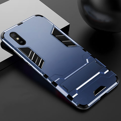 Coque Contour Silicone et Plastique Housse Etui Mat avec Support R03 pour Xiaomi Redmi 9A Bleu