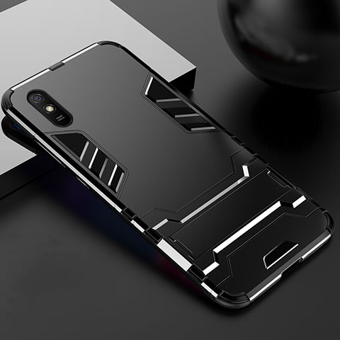 Coque Contour Silicone et Plastique Housse Etui Mat avec Support R03 pour Xiaomi Redmi 9A Noir