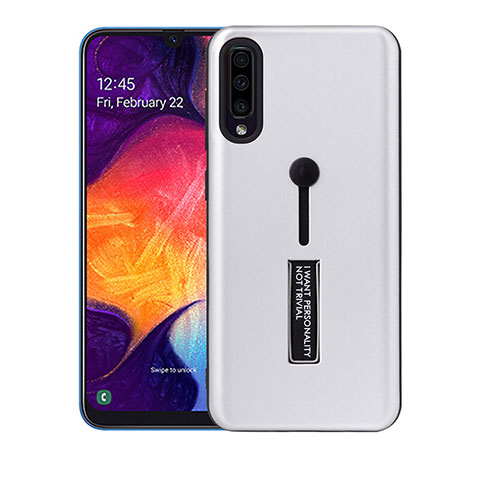 Coque Contour Silicone et Plastique Housse Etui Mat avec Support R04 pour Samsung Galaxy A70 Argent