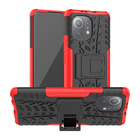 Coque Contour Silicone et Plastique Housse Etui Mat avec Support R06 pour Xiaomi Mi 11 5G Rouge