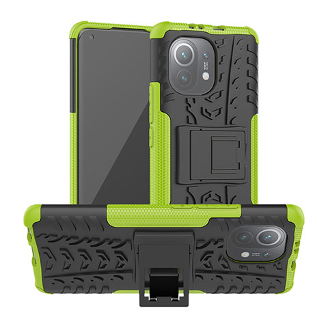 Coque Contour Silicone et Plastique Housse Etui Mat avec Support R06 pour Xiaomi Mi 11 5G Vert