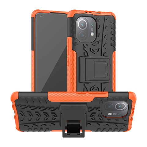 Coque Contour Silicone et Plastique Housse Etui Mat avec Support R06 pour Xiaomi Mi 11 Lite 4G Orange