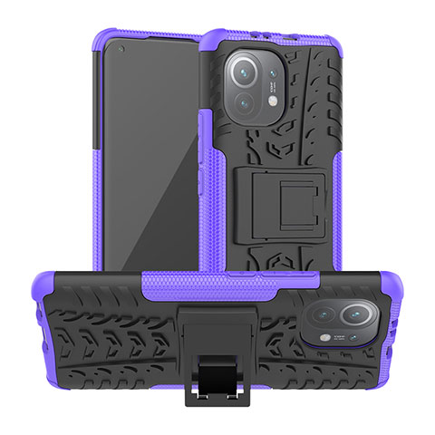 Coque Contour Silicone et Plastique Housse Etui Mat avec Support R06 pour Xiaomi Mi 11 Lite 4G Violet