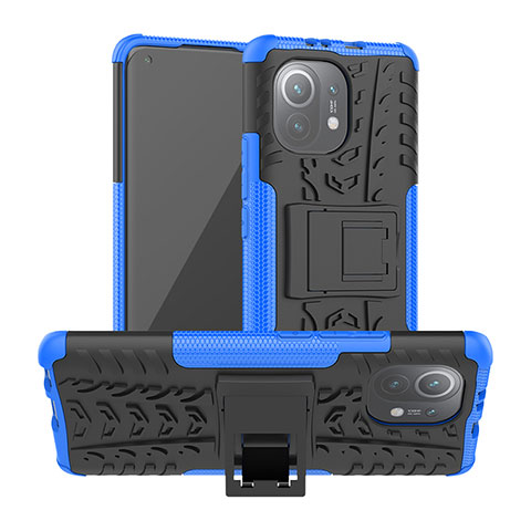 Coque Contour Silicone et Plastique Housse Etui Mat avec Support R06 pour Xiaomi Mi 11 Lite 5G Bleu