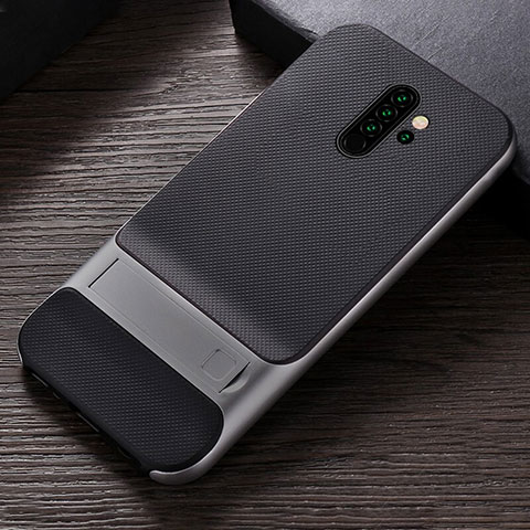 Coque Contour Silicone et Plastique Housse Etui Mat avec Support R06 pour Xiaomi Redmi Note 8 Pro Gris