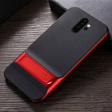 Coque Contour Silicone et Plastique Housse Etui Mat avec Support R06 pour Xiaomi Redmi Note 8 Pro Rouge