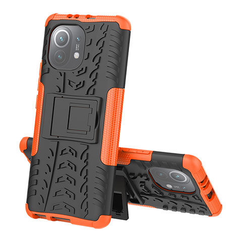 Coque Contour Silicone et Plastique Housse Etui Mat avec Support R07 pour Xiaomi Mi 11 5G Orange