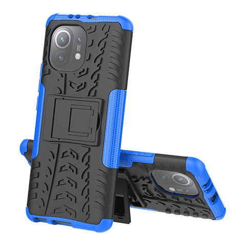 Coque Contour Silicone et Plastique Housse Etui Mat avec Support R07 pour Xiaomi Mi 11 Lite 4G Bleu