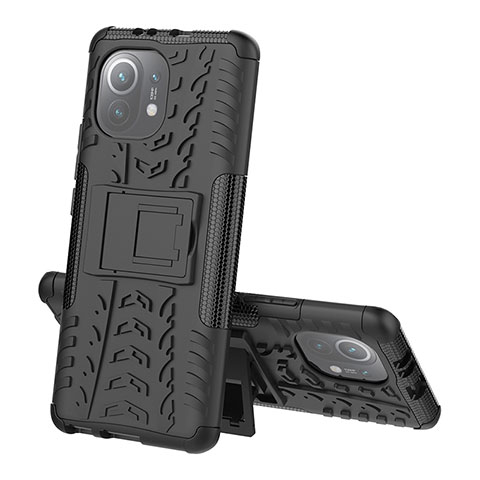 Coque Contour Silicone et Plastique Housse Etui Mat avec Support R07 pour Xiaomi Mi 11 Lite 4G Noir