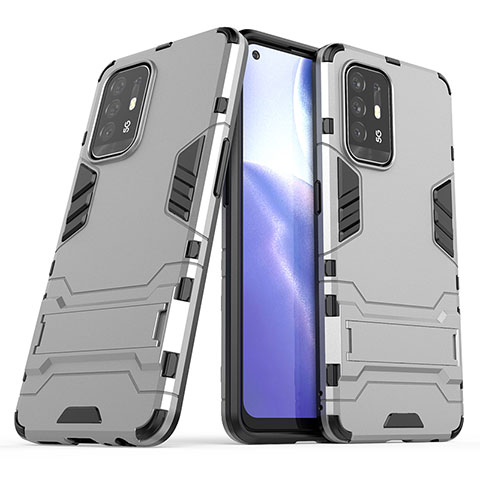 Coque Contour Silicone et Plastique Housse Etui Mat avec Support T01 pour Oppo F19 Pro+ Plus 5G Gris