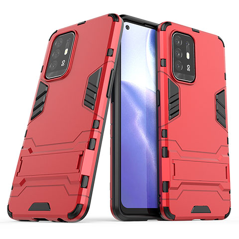 Coque Contour Silicone et Plastique Housse Etui Mat avec Support T01 pour Oppo F19 Pro+ Plus 5G Rouge