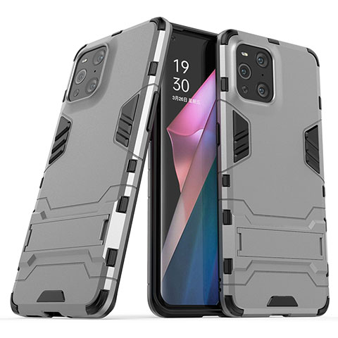 Coque Contour Silicone et Plastique Housse Etui Mat avec Support T01 pour Oppo Find X3 5G Gris