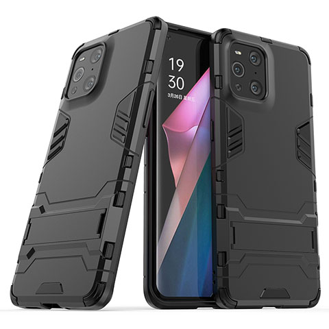 Coque Contour Silicone et Plastique Housse Etui Mat avec Support T01 pour Oppo Find X3 5G Noir