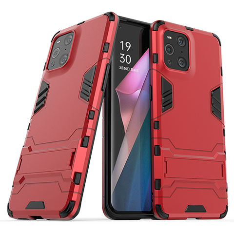 Coque Contour Silicone et Plastique Housse Etui Mat avec Support T01 pour Oppo Find X3 5G Rouge