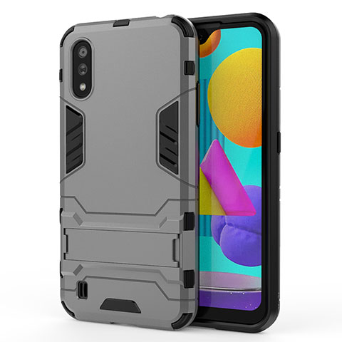 Coque Contour Silicone et Plastique Housse Etui Mat avec Support T01 pour Samsung Galaxy M01 Gris