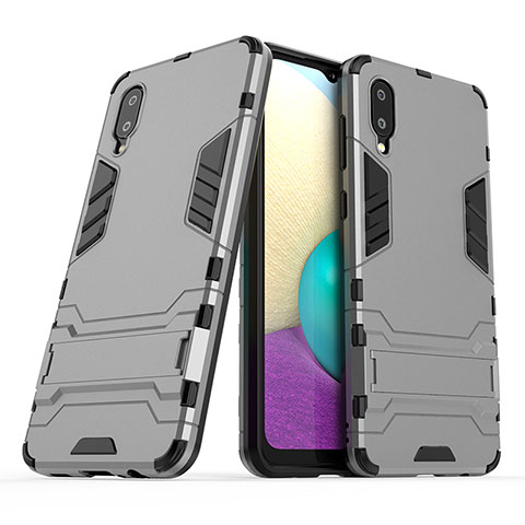 Coque Contour Silicone et Plastique Housse Etui Mat avec Support T01 pour Samsung Galaxy M02 Gris