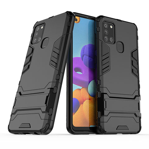 Coque Contour Silicone et Plastique Housse Etui Mat avec Support T02 pour Samsung Galaxy A21s Noir