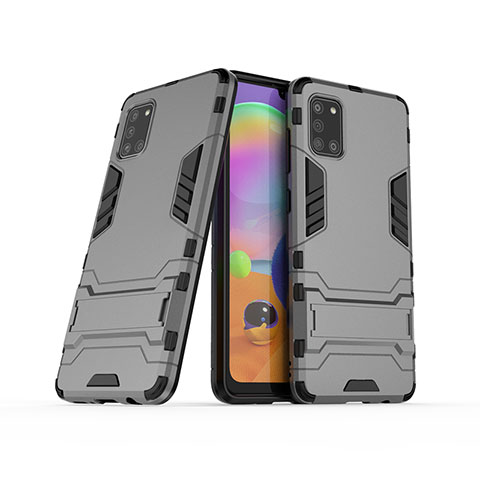 Coque Contour Silicone et Plastique Housse Etui Mat avec Support T02 pour Samsung Galaxy A31 Gris