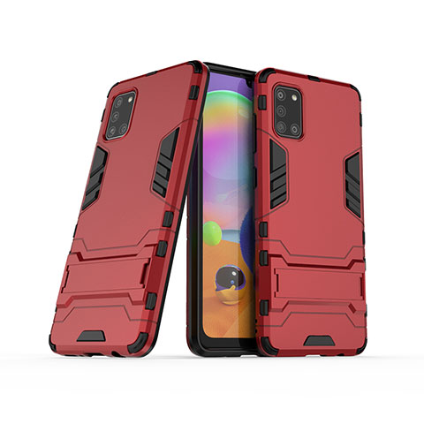 Coque Contour Silicone et Plastique Housse Etui Mat avec Support T02 pour Samsung Galaxy A31 Rouge