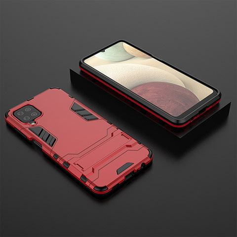 Coque Contour Silicone et Plastique Housse Etui Mat avec Support T04 pour Samsung Galaxy F12 Rouge