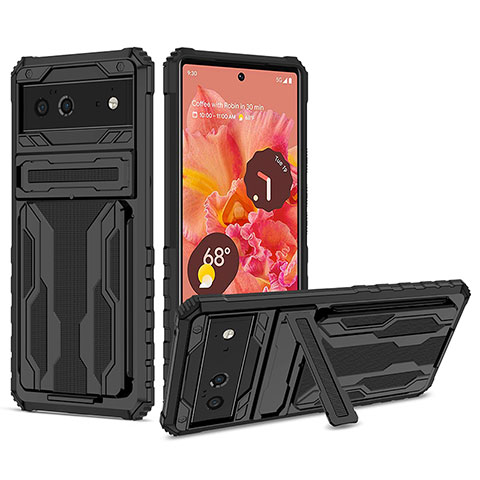 Coque Contour Silicone et Plastique Housse Etui Mat avec Support YF1 pour Google Pixel 6 5G Noir