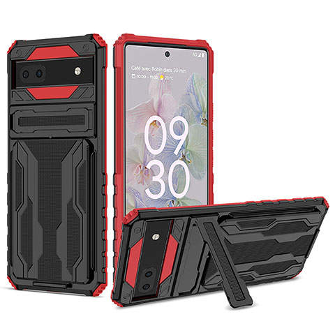 Coque Contour Silicone et Plastique Housse Etui Mat avec Support YF1 pour Google Pixel 6a 5G Rouge