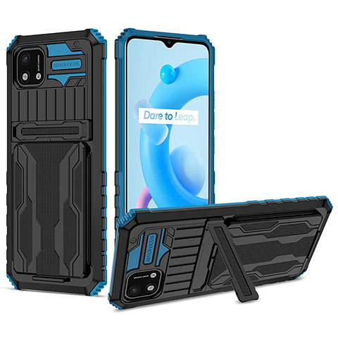 Coque Contour Silicone et Plastique Housse Etui Mat avec Support YF1 pour Realme C11 (2021) Bleu